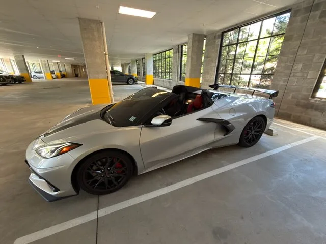 Corvette C8 Stingray 3/4 side view top-down in parking structure